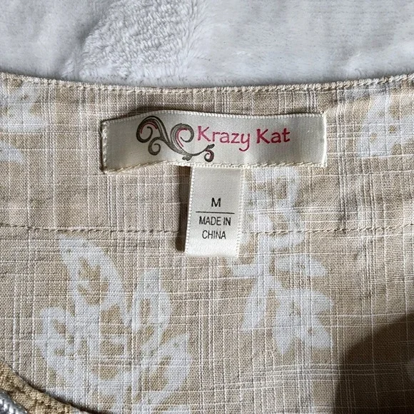 Womens Krazy Kat Lace V Neck Boho Floral Tunic Tan M White Cotton - Picture 6 of 16